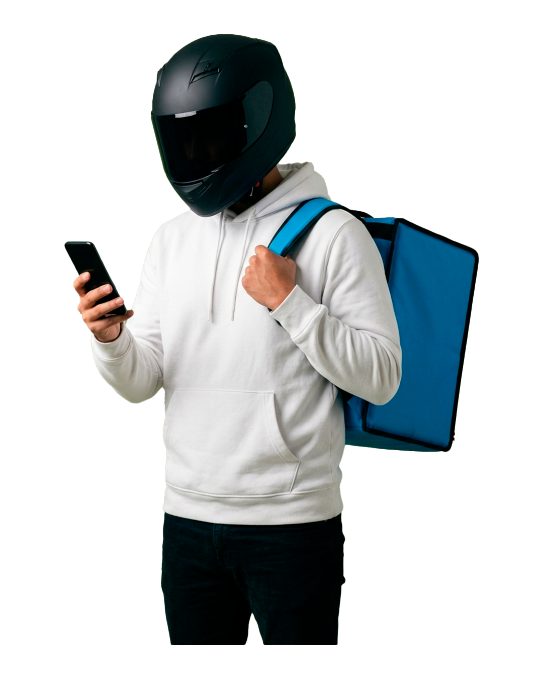 Repartidor de KIF Delivery con casco y mochila azul revisando su teléfono